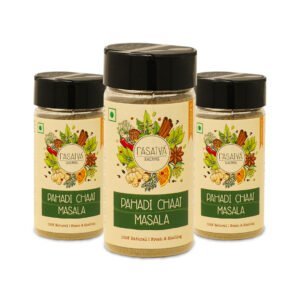 Three jars of Pahadi Chaat Masala, highlighting the colorful spice blend with a warm, earthy hue, displayed with clear and attractive labels.