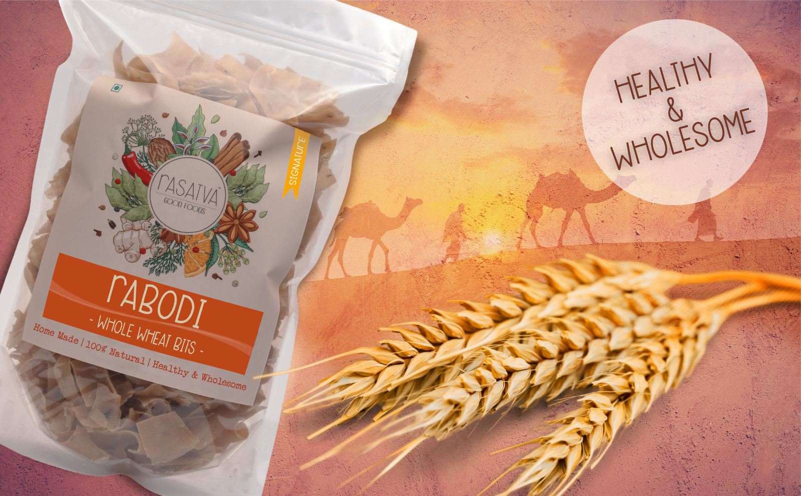 A bag of whole wheat labeled "Raboti" with a camel graphic, representing the product's origin and quality.