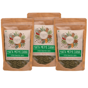 Three packets of Hara Methi Dana, displayed together to highlight the bright green fenugreek seeds and the uniform, eco-friendly packaging