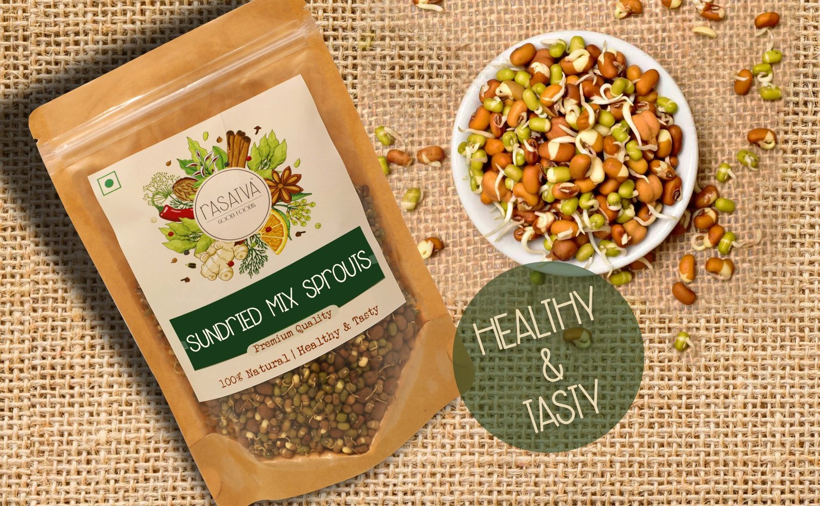 An array of sundried sprouts moong,chana and moth, highlighting healthy mixes that deliver pure taste and vibrant flavors.
