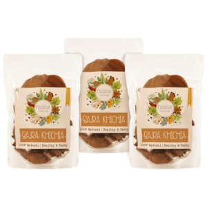 A set of three Bajra Khichia packs, featuring crispy millet snacks, with each packet emphasizing the authentic, handcrafted quality and consistent packaging