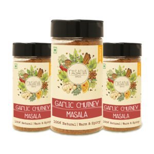 Three bottles of Garlic Chutney Masala, each filled with a flavorful spice blend, featuring a rich, reddish-brown color and clearly labeled.