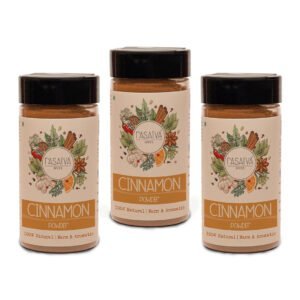 A set of three jars of cinnamon powder, showcasing a deep brown color and a fragrant, finely ground texture, displayed with clear and detailed labels.