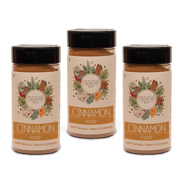 A set of three jars of cinnamon powder, showcasing a deep brown color and a fragrant, finely ground texture, displayed with clear and detailed labels.