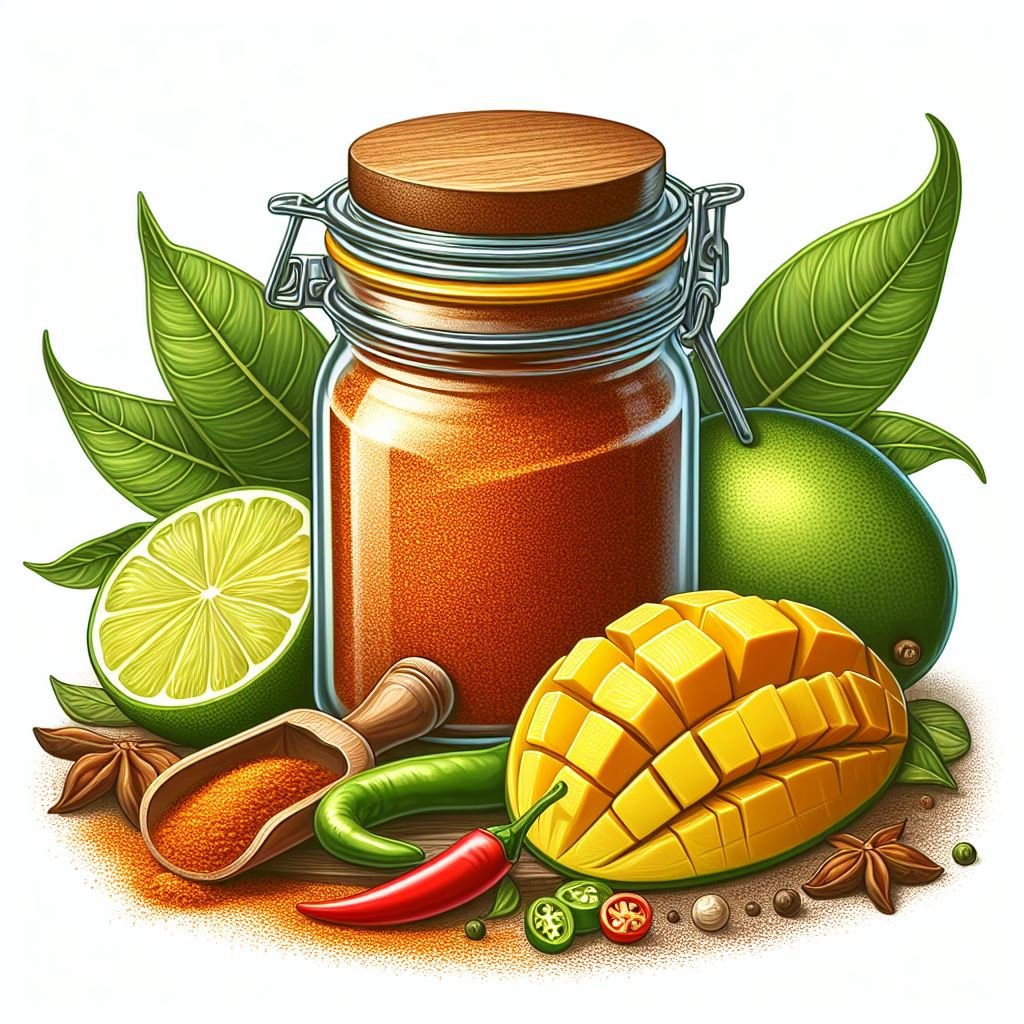 A jar of natural chili and spices, featuring mango and lime, showcasing pure and healthy Indian flavors for a tasty experience