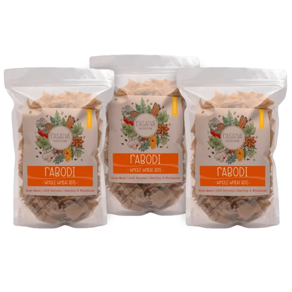 Pack of three Rabodi Whole Wheat packets, showcasing traditional dried wheat flakes, neatly arranged with clear packaging that highlights their rustic texture and natural ingredients.