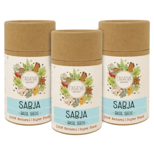 A set of three Sabja basil seeds bottles, featuring the small, black seeds, each bottle highlighting their nutritional benefits and versatile use.