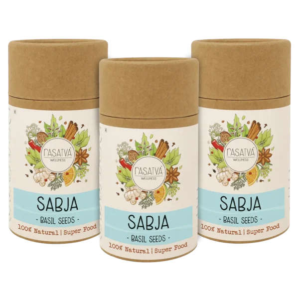 A set of three Sabja basil seeds bottles, featuring the small, black seeds, each bottle highlighting their nutritional benefits and versatile use.