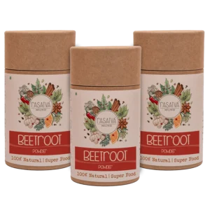 Three bottles of beetroot powder, featuring the deep, rich red color of the finely ground beetroot inside each container, neatly arranged with clear labeling.