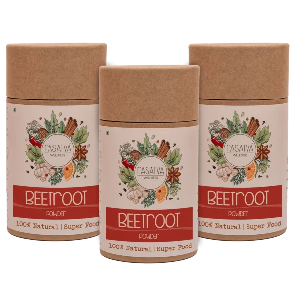 Three bottles of beetroot powder, featuring the deep, rich red color of the finely ground beetroot inside each container, neatly arranged with clear labeling.