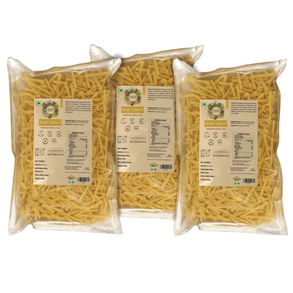 Three packets of Bikaneri Mangodi, featuring crunchy lentil dumplings, arranged together to highlight their packaging and golden-brown contents.