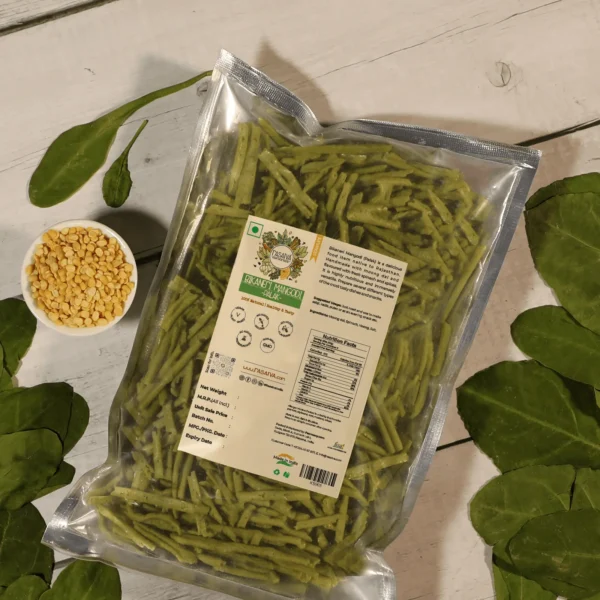 Packet of Rasatva Bikaneri Mangodi Palak, featuring the product’s name and details prominently, ready for use in cooking.