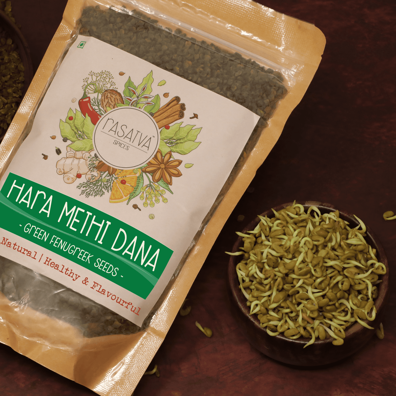 Packet of Hara Methi Dana, showing a portion of the methi dana in a bowl alongside, emphasizing the product and its contents