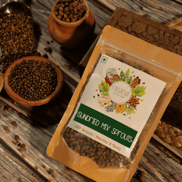 Sundried Mix Sprouts in its packet, with some raw sprouts arranged alongside, showcasing the product and its natural elements.