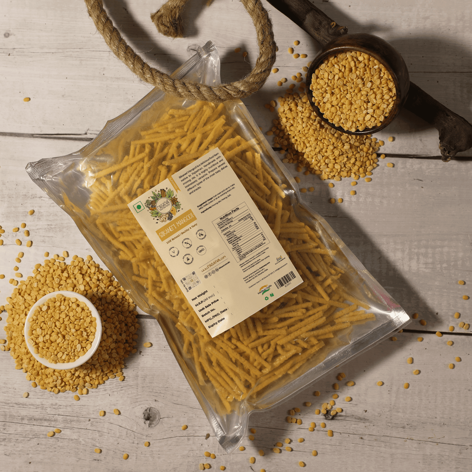 Bikaneri Mangodi in a packet with some of the product displayed in a bowl, showcasing both the packaging and the contents