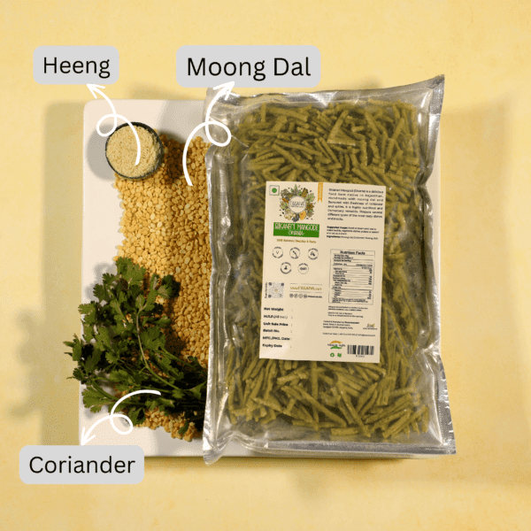 Packet of Bikaneri Mangodi Dhania with the product shown in the packet and coriander, moong dal, and hing arranged beside it, highlighting the seasoning blend and its associated ingredients