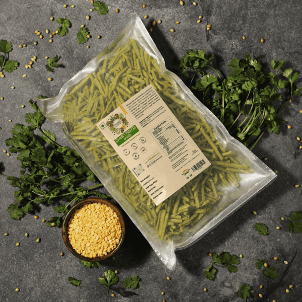 Packet of Bikaneri Mangodi Dhania, showcasing both the packaged and raw ingredients.